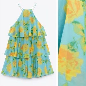 Zara Blue and Yellow Floral Mini Dress